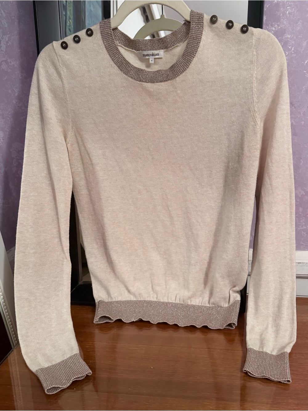 Manoukian Metallic Trim Knit Sweater Cream Beige Gold Lurex Crewneck XS